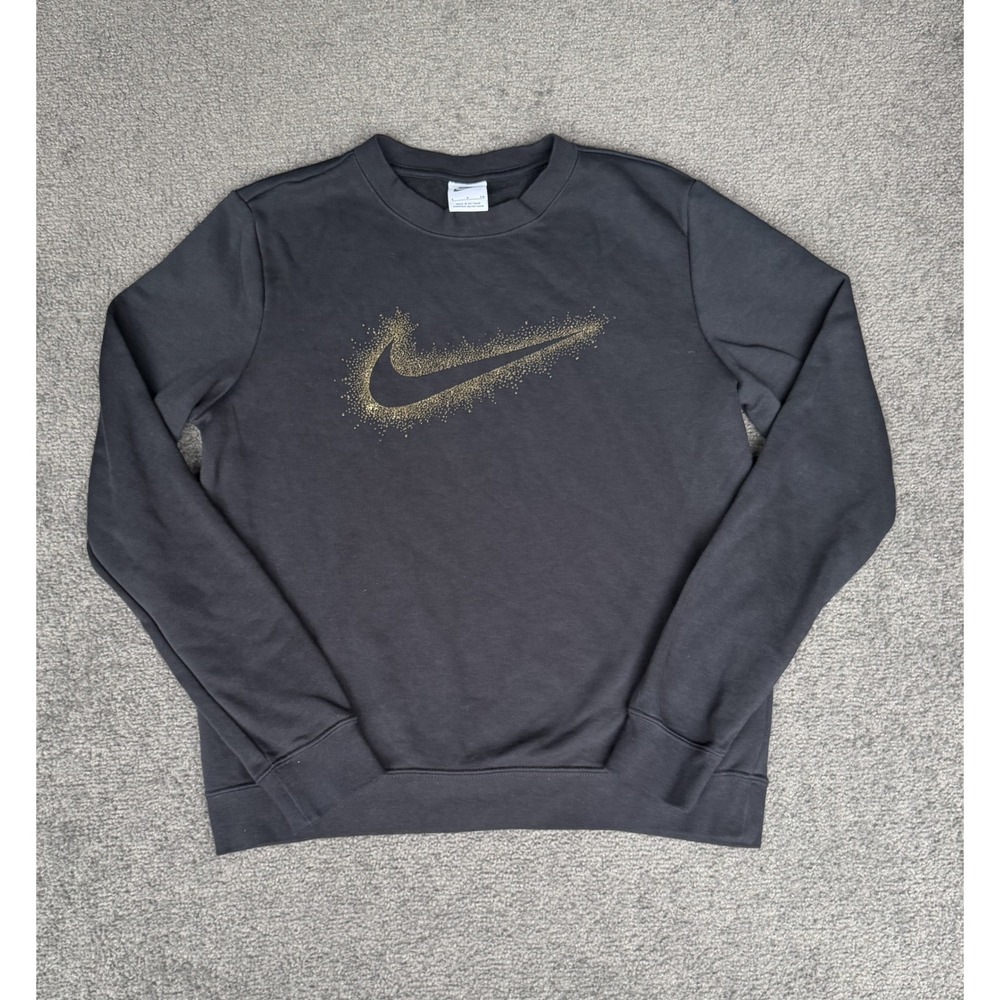 Nike Black Crewneck Sweatshirt Gold Glitter Swoosh Logo Mens Small Pullover